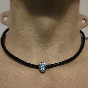 Black Braided Necklace with Blue Bead